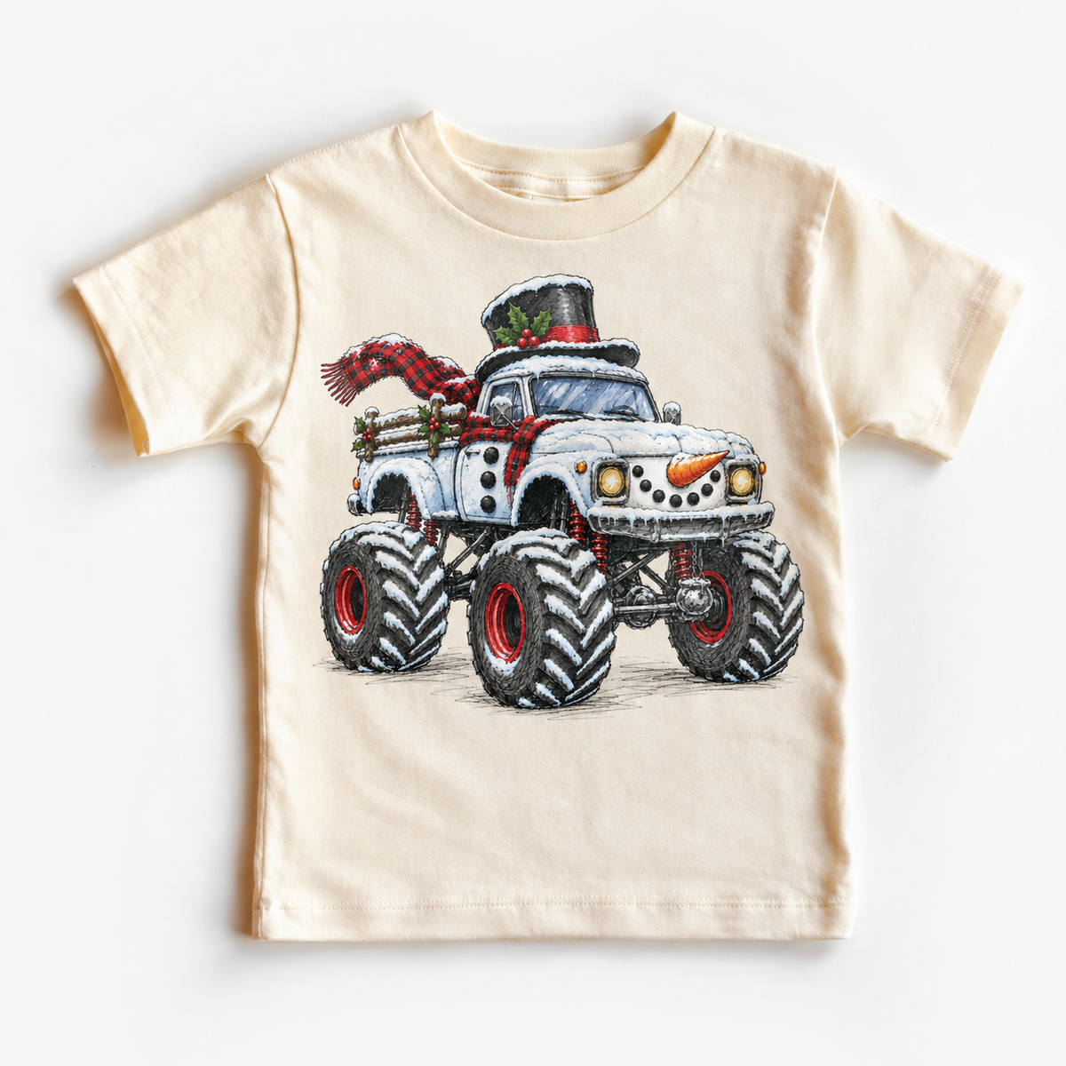Snowman Monster Truck Christmas Shirt for Kids natural short sleeve tee