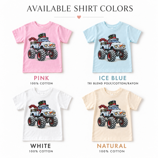 Snowman Monster Truck Christmas Shirt for Kids short sleeve tee color options