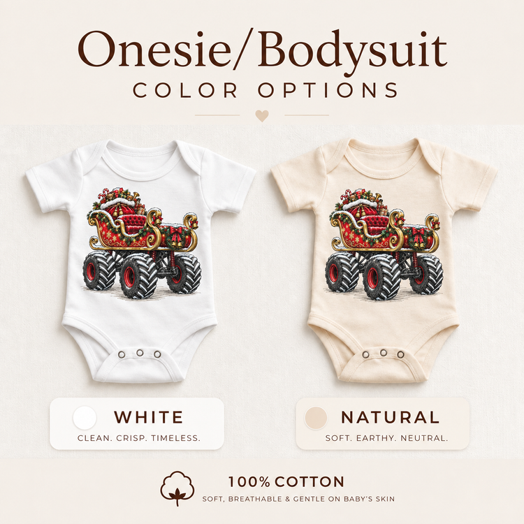 Santa Sleigh Monster Truck Christmas Shirt for Kids baby bodysuit color options