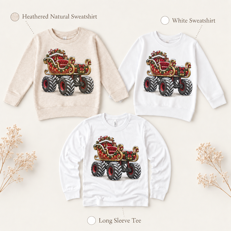 Santa Sleigh Monster Truck Christmas Shirt for Kids long sleeve tee and sweatshirt options