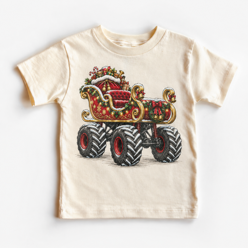 Santa Sleigh Monster Truck Christmas Shirt for Kids natural short sleeve tee
