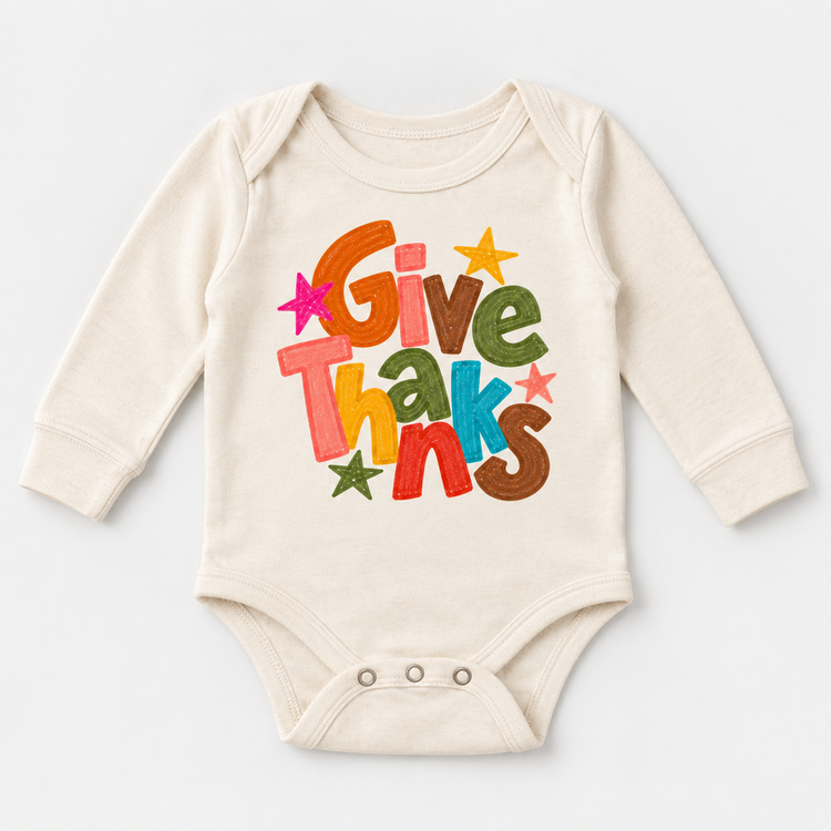 Give Thanks colorful Thanksgiving natural long sleeve baby bodysuit