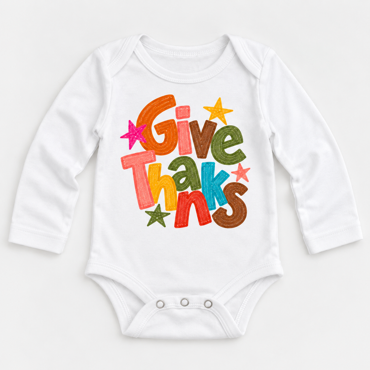 Give Thanks colorful Thanksgiving white long sleeve baby bodysuit