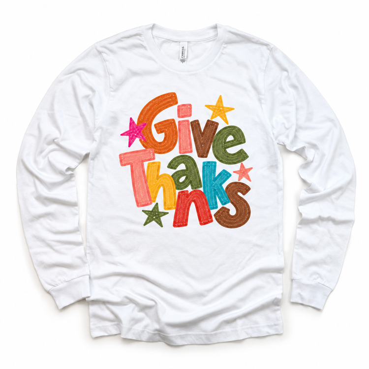 Give Thanks colorful Thanksgiving white long sleeve shirt