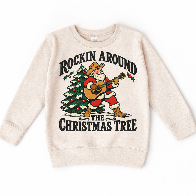 Rockin Around the Christmas Tree cowboy Santa guitar graphic on Natural Heather Sweatshirt
