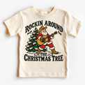 Rockin Around the Christmas Tree cowboy Santa guitar graphic on Natural Short Sleeve Tee