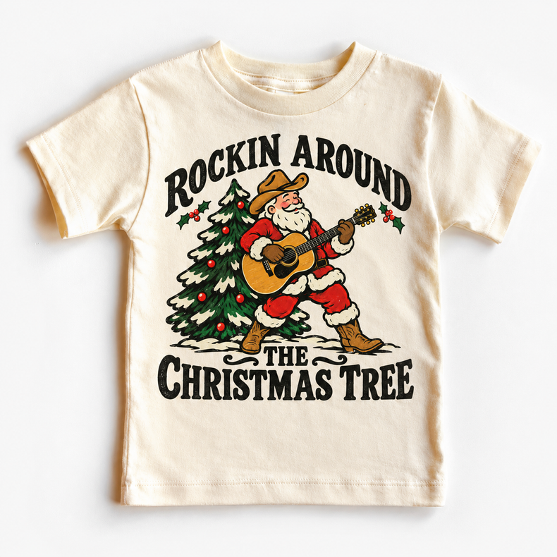 Rockin Around the Christmas Tree cowboy Santa guitar graphic on Natural Short Sleeve Tee