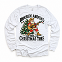 Rockin Around the Christmas Tree cowboy Santa guitar graphic on White Long Sleeve Tee