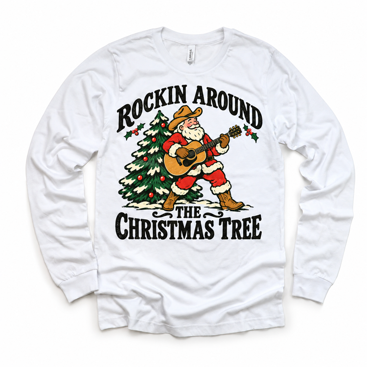 Rockin Around the Christmas Tree cowboy Santa guitar graphic on White Long Sleeve Tee