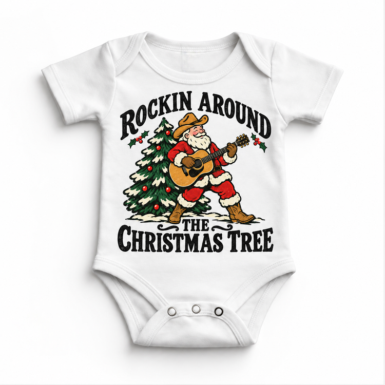 Rockin Around the Christmas Tree cowboy Santa guitar graphic on White Onesie