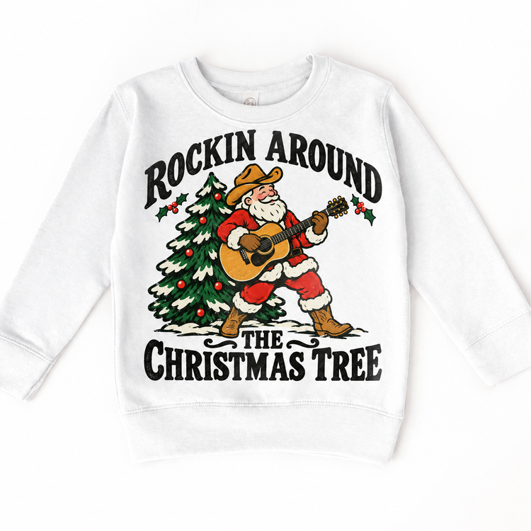 Rockin Around the Christmas Tree cowboy Santa guitar graphic on White Sweatshirt