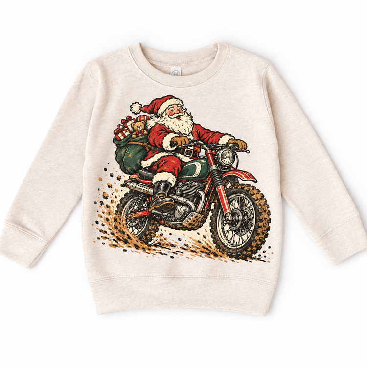 Vintage Santa motorcycle Christmas graphic on Natural Heather Sweatshirt