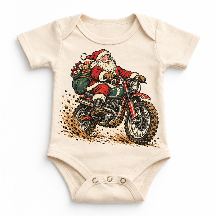 Vintage Santa motorcycle Christmas graphic on Natural Onesie