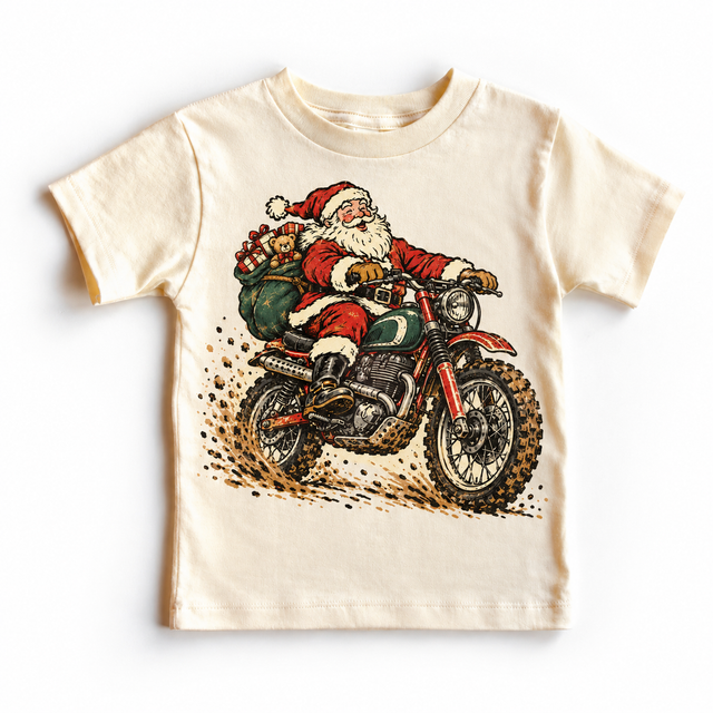 Vintage Santa motorcycle Christmas graphic on Natural Short Sleeve Tee