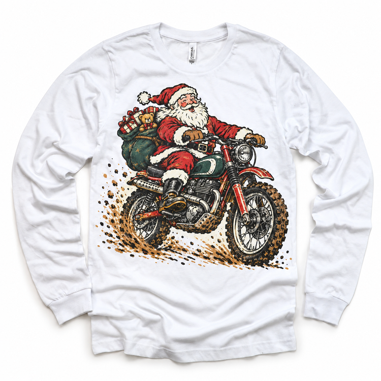 Vintage Santa motorcycle Christmas graphic on White Long Sleeve Tee
