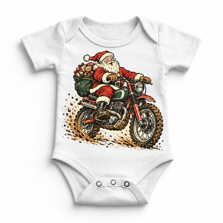 Vintage Santa motorcycle Christmas graphic on White Onesie
