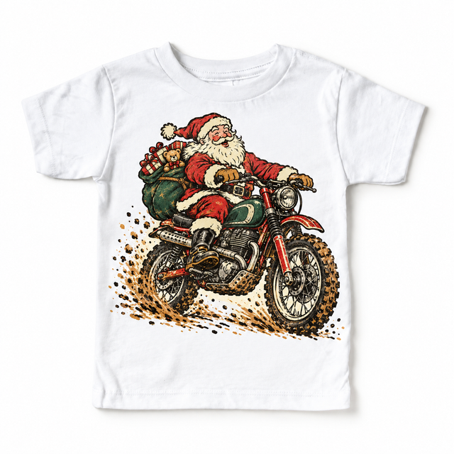 Vintage Santa motorcycle Christmas graphic on White Short Sleeve Tee