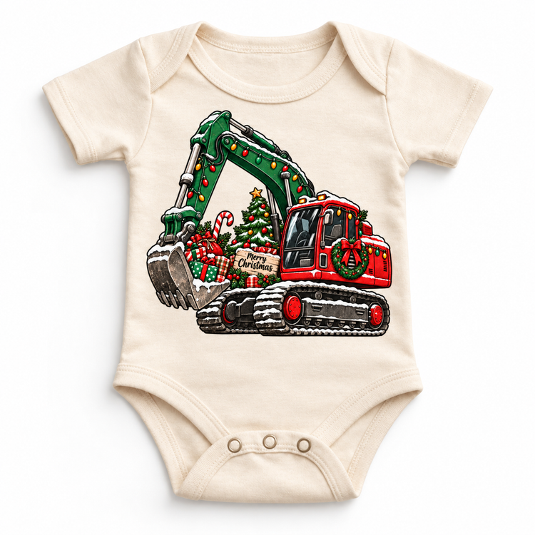 Merry Christmas excavator graphic on Natural Onesie