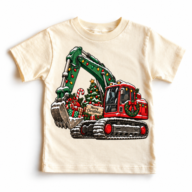 Merry Christmas excavator graphic on Natural Short Sleeve Tee