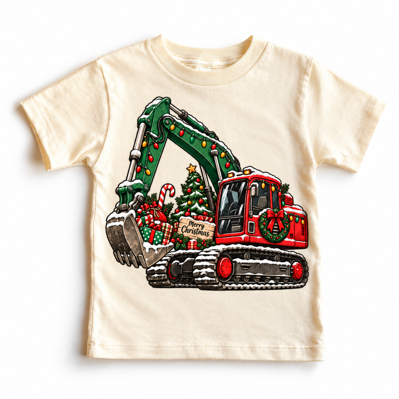 Merry Christmas excavator graphic on Natural Short Sleeve Tee