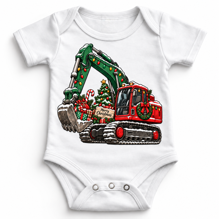 Merry Christmas excavator graphic on White Onesie