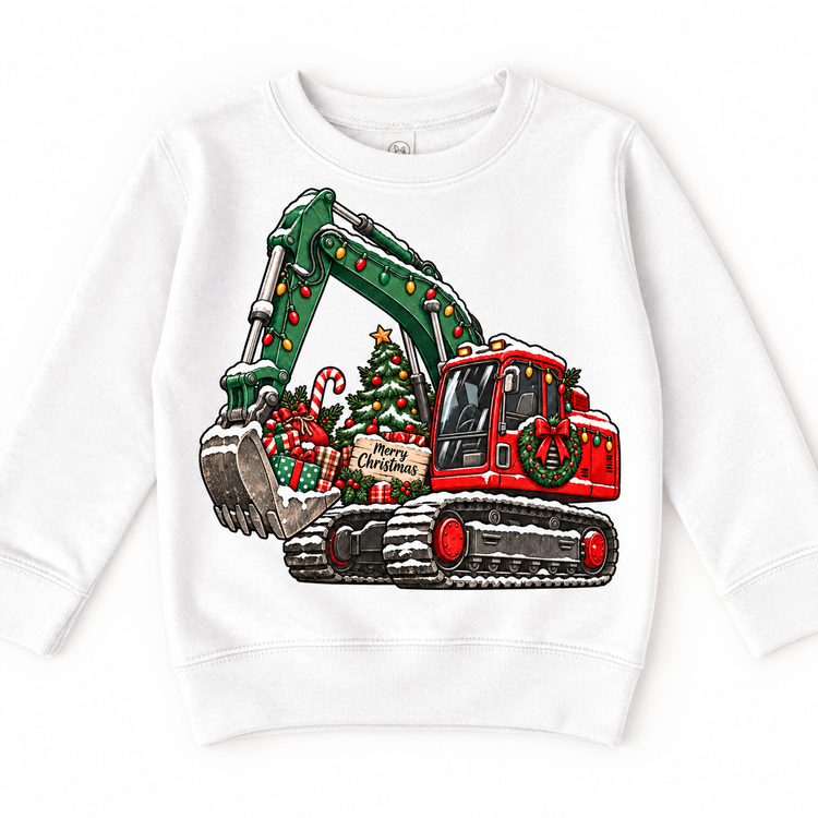Merry Christmas excavator graphic on White Sweatshirt