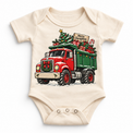 Merry Christmas dump truck graphic on Natural Onesie