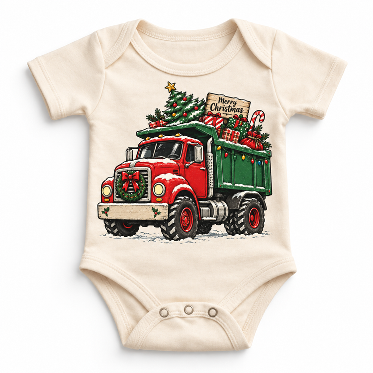 Merry Christmas dump truck graphic on Natural Onesie