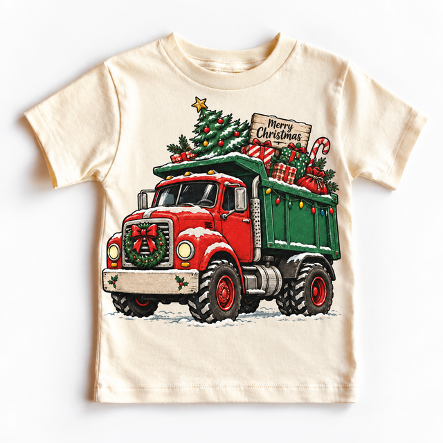 Merry Christmas dump truck graphic on Natural Short Sleeve Tee