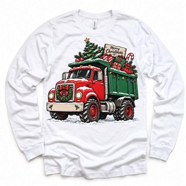 Merry Christmas dump truck graphic on White Long Sleeve Tee