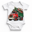 Merry Christmas dump truck graphic on White Onesie