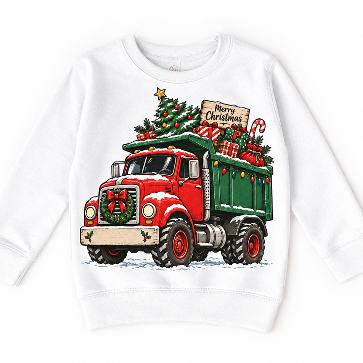 Merry Christmas dump truck graphic on White Sweatshirt