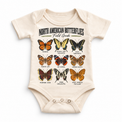 Butterfly field guide graphic on a natural baby bodysuit