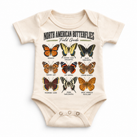 Butterfly field guide graphic on a natural baby bodysuit