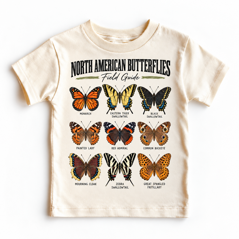 Butterfly field guide graphic printed on a natural short sleeve tee