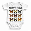 Butterfly field guide graphic on a white baby bodysuit