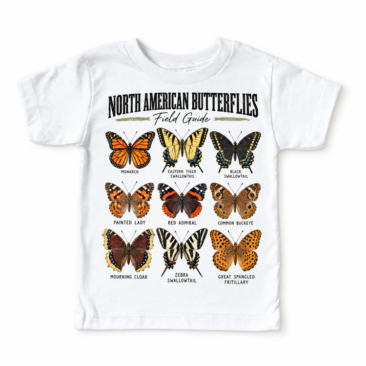 Butterfly field guide graphic on white short sleeve tee