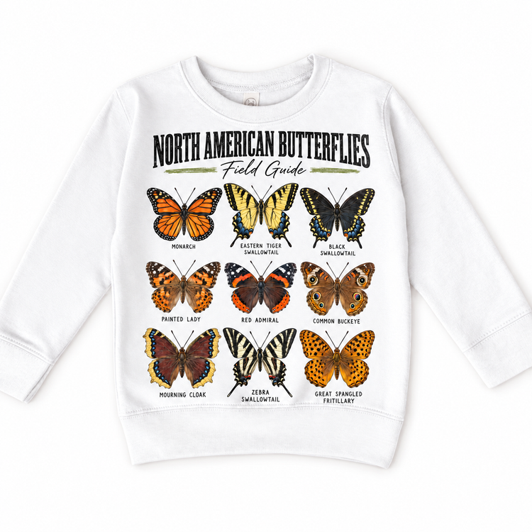 Butterfly field guide graphic on white sweatshirt