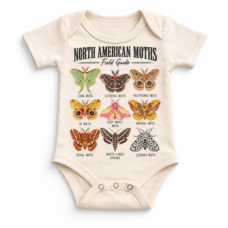 Moth field guide graphic on a natural baby bodysuit