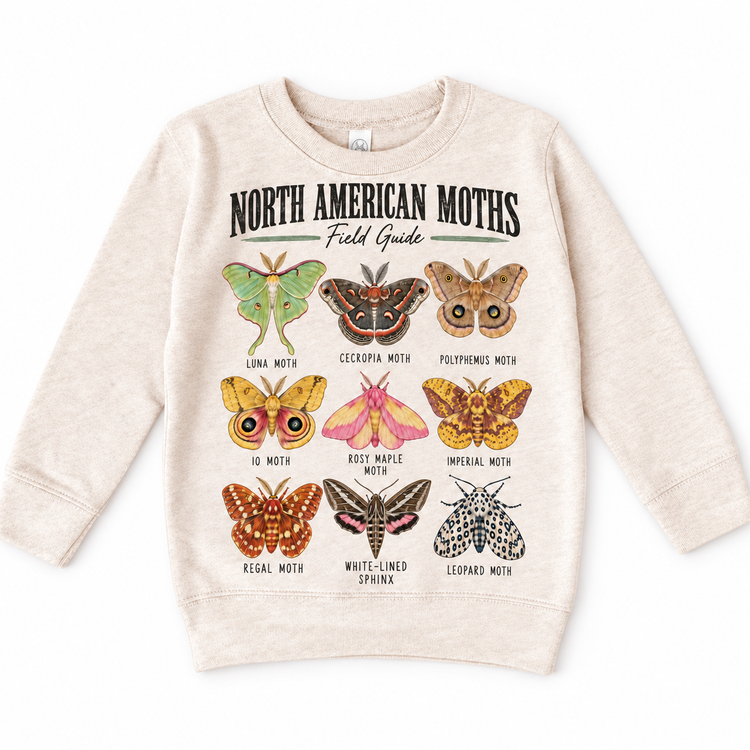 Moth field guide graphic on a natural heather sweatshirt