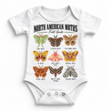 Moth field guide graphic on a white baby bodysuit