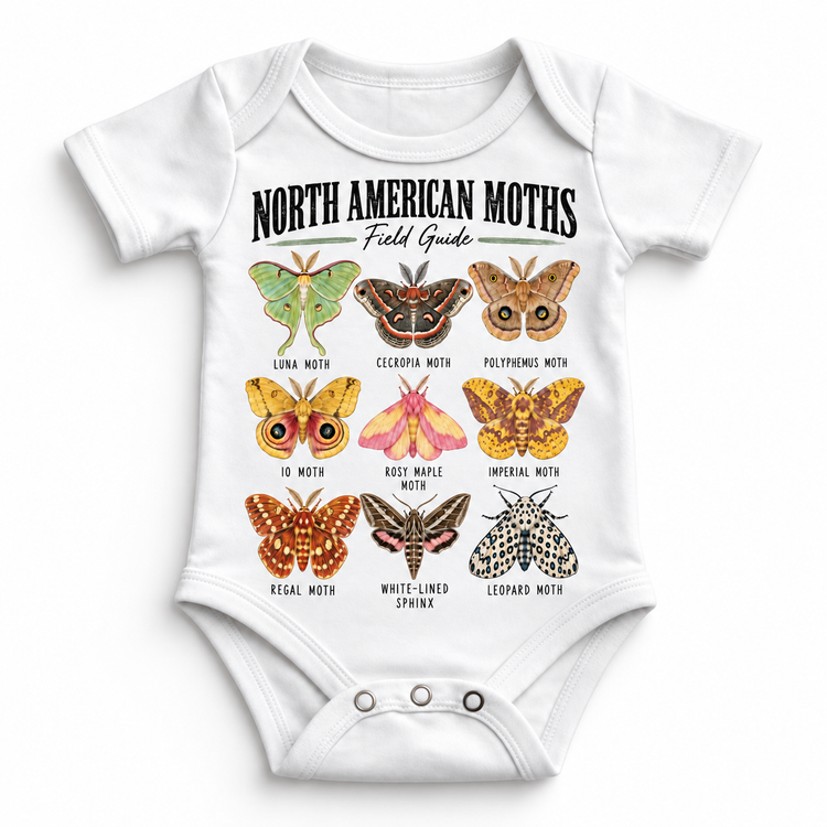 Moth field guide graphic on a white baby bodysuit