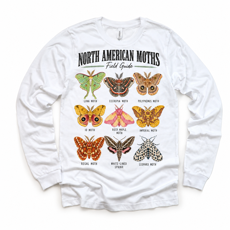 Moth field guide graphic on a white long sleeve tee