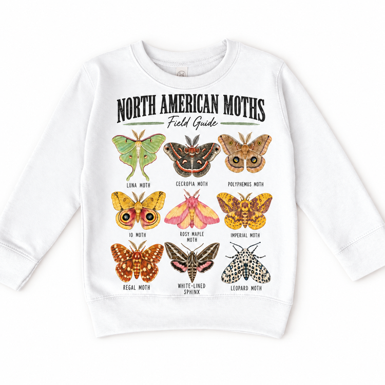 Moth field guide graphic on a white sweatshirt