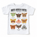 Moth field guide graphic on a white short sleeve tee