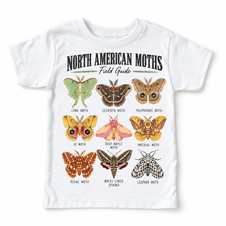 Moth field guide graphic on a white short sleeve tee