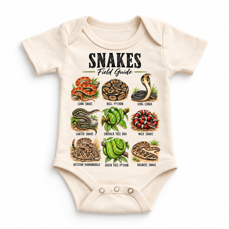 Snake field guide graphic on a natural baby bodysuit