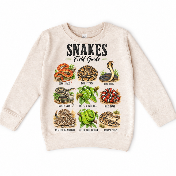 Snake field guide graphic on a natural heather sweatshirt