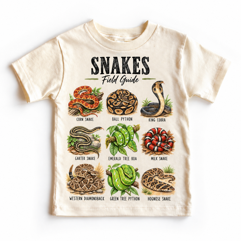 Snake field guide graphic on a natural short sleeve tee