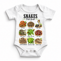 Snake field guide graphic on a white baby bodysuit